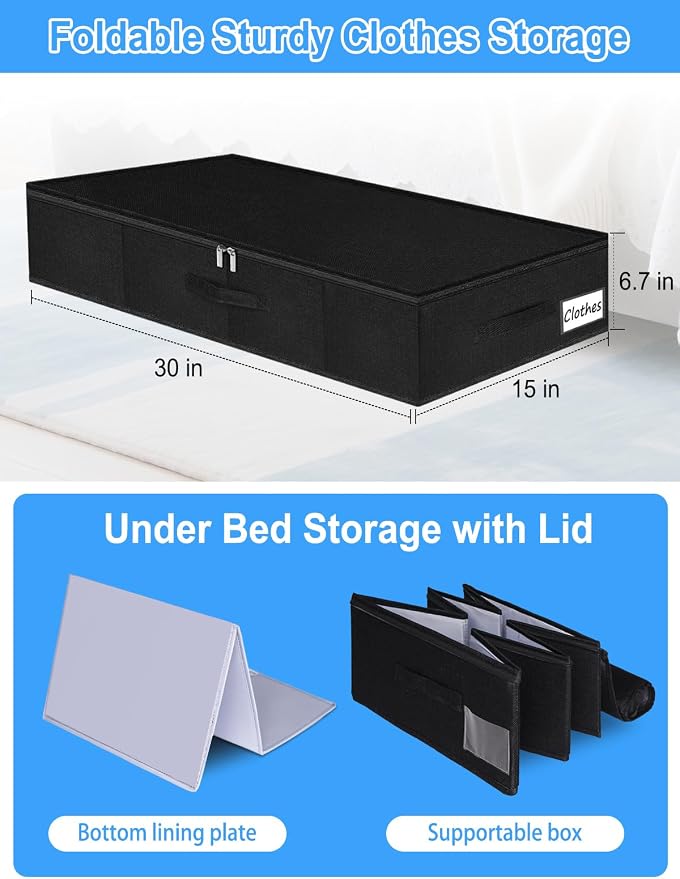 6.7-in Under Bed Storage Bin with Lid, Rigid Sides,2 Pack, Black | Zipped Lid, Rigid Sides & Bottom, Large Clothes Organizer Box, Off-season Storage, Bedrooms, Dorms Organization