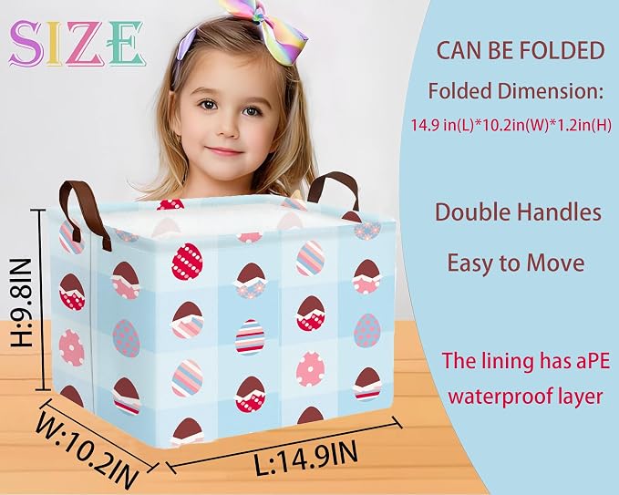 Large Rectangular Easter Baskets Empty Waterproof Boy Toy Box Foldable Kid's Gifts Storage Bin Spring Room Decor(Blue Checkered Egg)