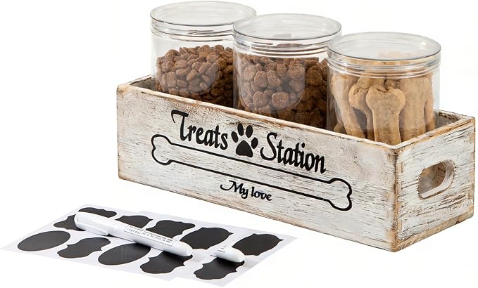 Dog Food Storage Container Pet Treat Organizers with 3 Jars Dog Stuff Dog Treat Container for Countertop Farmhouse Decor Gift for Pet Dog Cookie Cat Treat Jar