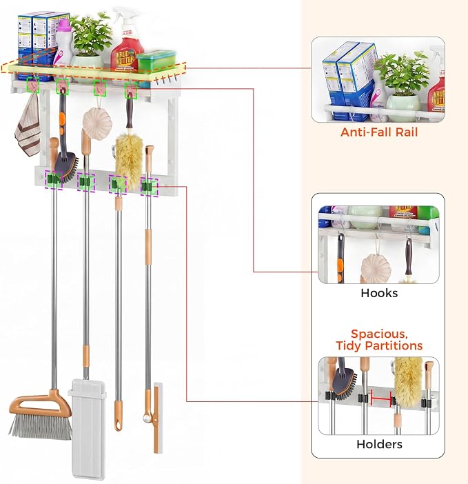 Broom Holder Wall Mount with Shelf,Broom Hanger with 4 Hooks,Broom and Mop Organizer Wall Hanging for Laundry,Garage, Utility,Broom Rack,Cleaning Supplies Organizer and Tool Storage,White