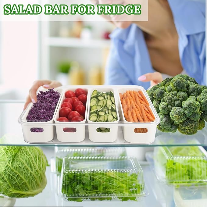 2 Pcs Salad Bar Containers for Fridge with Lid, Fruit Storage Veggie Tray | Salad Prep Container with 4 Removable Strainers, Berry Box Fresh Produce Saver Lettuce Keeper for Refrigerator Kitchen Picnic