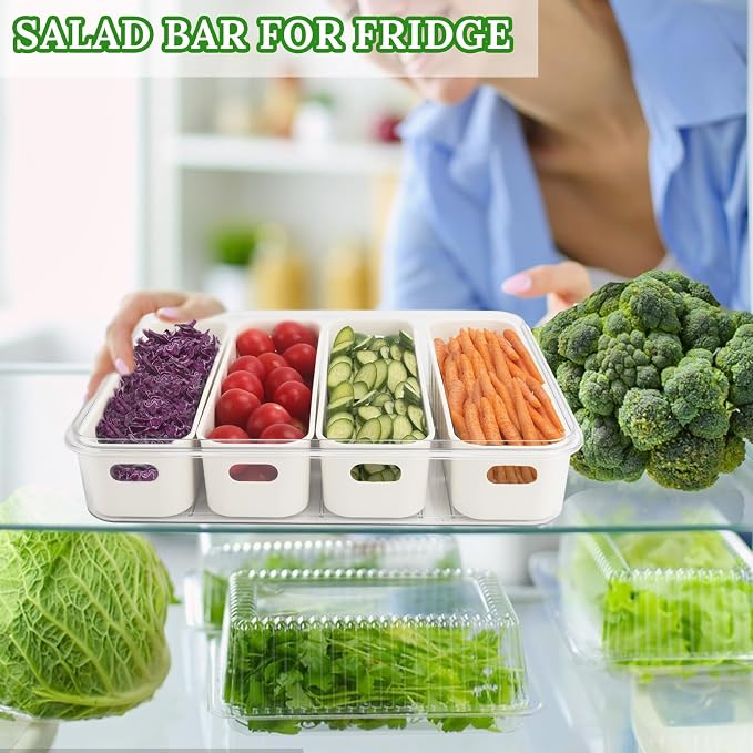 Salad Bar Containers for Fridge with Lid Handle, Fruit Storage Veggie Tray | Salad Prep Container with 4 Removable Strainers, Berry Box Fresh Produce Saver Lettuce Keeper for Refrigerator Kitchen Picnic