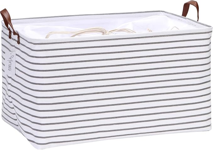 Hinwo 70L Extra Large Canvas Storage Bin with Lid and Handles | Collapsible Fabric Basket, Closet Shelf Organizer, Container for Clothing, Blankets, Toys, Bedding (Gray Stripe)