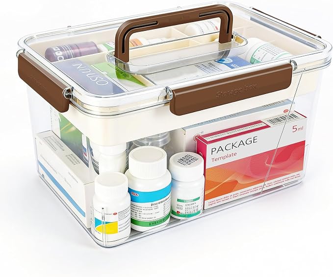 15QT Clear Medicine Storage Box, Portable Double Layer Medicine Organizer Box with Detachable Divided Tray, Clear Medicine Box for Family, Travel, Office & Dorm First Aid Medication Storage(XL)