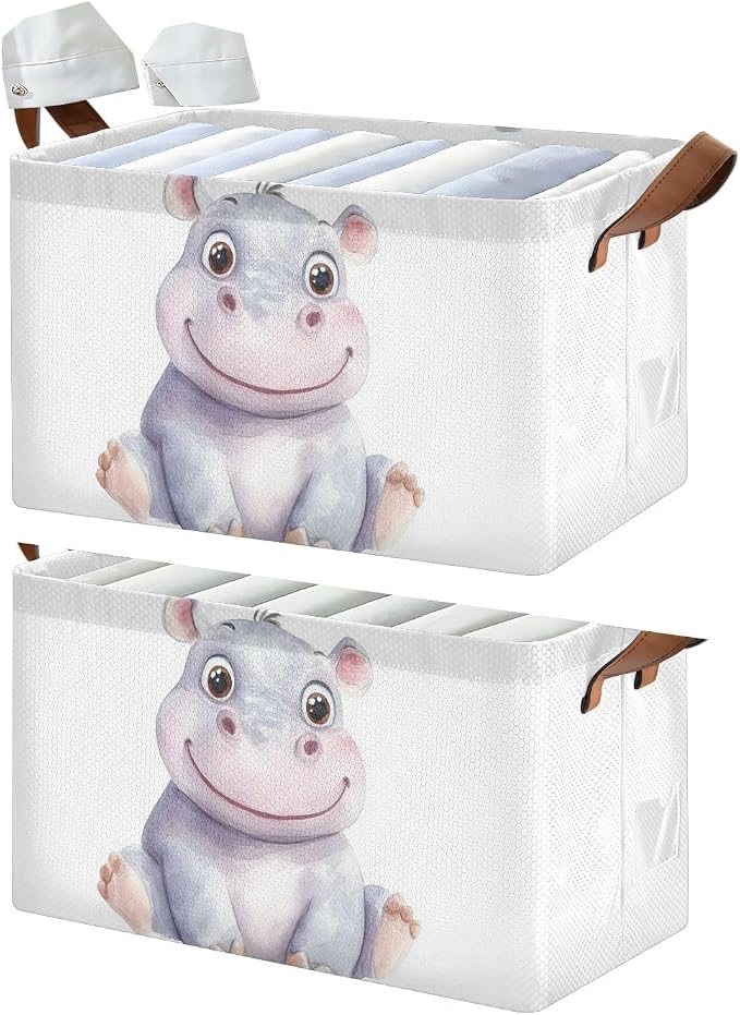 Cute Baby Hippopotamus Hippo Animal Storage Basket with Labels&Handles Rectangular Waterproof Nursery Storage Bins Collapsible Shelf Organizer Baskets for Kids Books Cloth Basket Toys Laundry, 2 PC