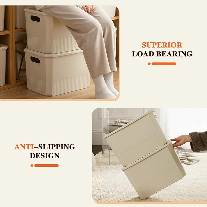 ANMINY Plastic Storage Bins Baskets with Lids, 8-Pack, 1XL+1L+2M+4S | Large Plastic Bins, Sturdy PET, with Handles, Stackable, Opaque Storage Boxes, for Closet Shelves Desk, Ivory Lids
