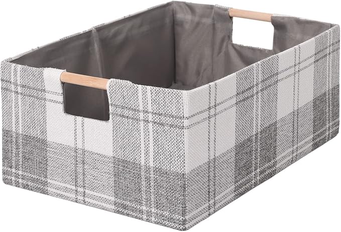 Fabric Storage Box, 13x9in Foldable Cotton Linen Basket with Wooden Handle | Small Rectangular Cube Decorative Home Laundry Organizer Clothes Blanket Container Organizing Clothes Sheet, Light Gray Plaid