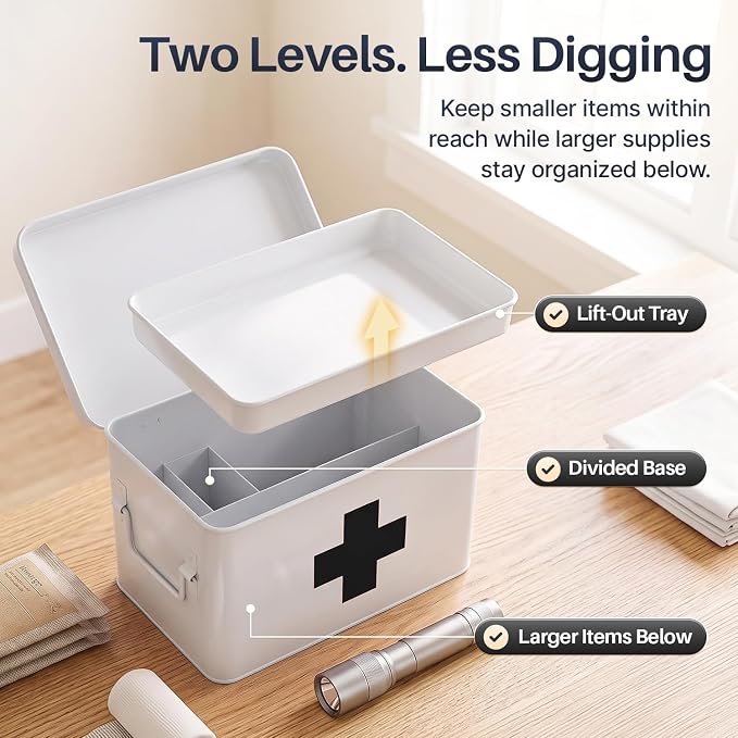 Flexzion Large Metal First Aid Box Empty, 8.5-Inch, White with Black Cross | Vintage Medicine Box and First Aid Storage Organizer with Removable Tray and Dividers; Empty Box Only, Supplies Not Included