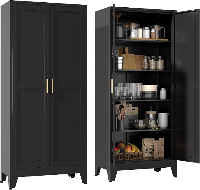 YAUWOH 71''Metal Cabinet with 4 Adjustable Shelves,5-Tier Pantry Storage Cabinet,Kitchen Pantry Cabinet for Living Room,Dining Room, (1PC,Black)