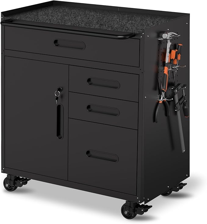 Metal Mobile Tool Storage Cabinet with 4 Drawer and 1 Locking Door | Black Heavy Duty Rolling Tool Cabinets for Garage,Metal Storage Cabinets with Wheels and Pegboard,Assembly Required