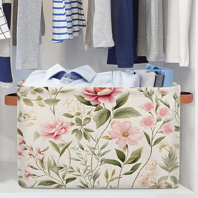 Wild Rose Flower Floral Rectangular Storage Bin Collapsible Storage Basket Organizer Boxes with Leather Handle Storage Cube for Shelves Toy Laundry Nursery 2 PC