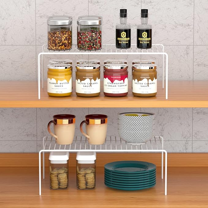 Kitchen Cabinet Shelf Organizer Set of 6, Medium (13 x 9.4 inch) Metal Wire Pantry Storage Shelves, Dish Plate Racks for Cabinets, Freezer, Counter, Cupboard Organizers and Storage, White