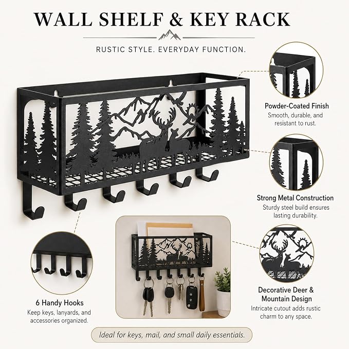 Deer Metal Wall Mail Organizer Wall Mounted Key and Mail Holder Mail Basket Hanging Mail Sorter and Key Organizer for Entryway Bedroom Bathroom