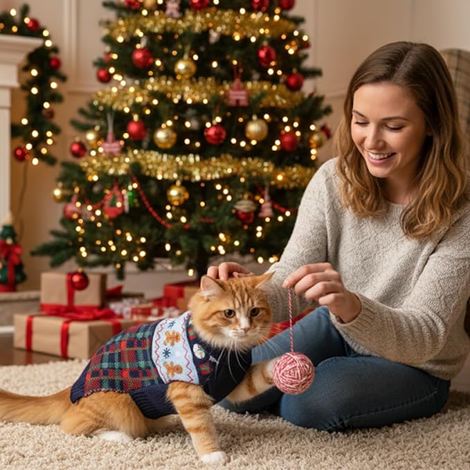Dog Christmas Sweater Puppy Soft Holiday Xmas Clothes Pet Gingerbread Man Outfit for Small Medium Dogs and Cats Classic Argyle Turtleneck Knitwear (Navy Blue, Small)