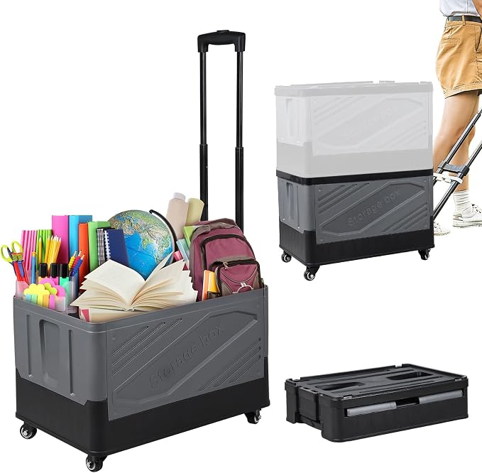 XCBYT 50L Foldable Rolling Crate, Spacious Storage Cart with Wheels | Spacious 50L capacity offers lots of room for groceries, tools or moving. Easy to assemble and folds flat for quick storage