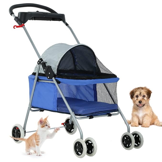 HGS Pet Cat Dog Stroller 4 Wheels Jogger Puppy Travel Carrier Portable Doggie Cage Strolling Cart with Cup Holders, 35Lbs Capacity Folding Waterproof Strolling Cart for Medium Dogs Cats Pet, Blue