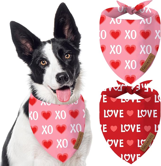 Valentines Day Dog Bandanas, 2-Pack Triangle Reversible Love Pet Scarves, Premium Fabric Bandana (Large, Style 1)