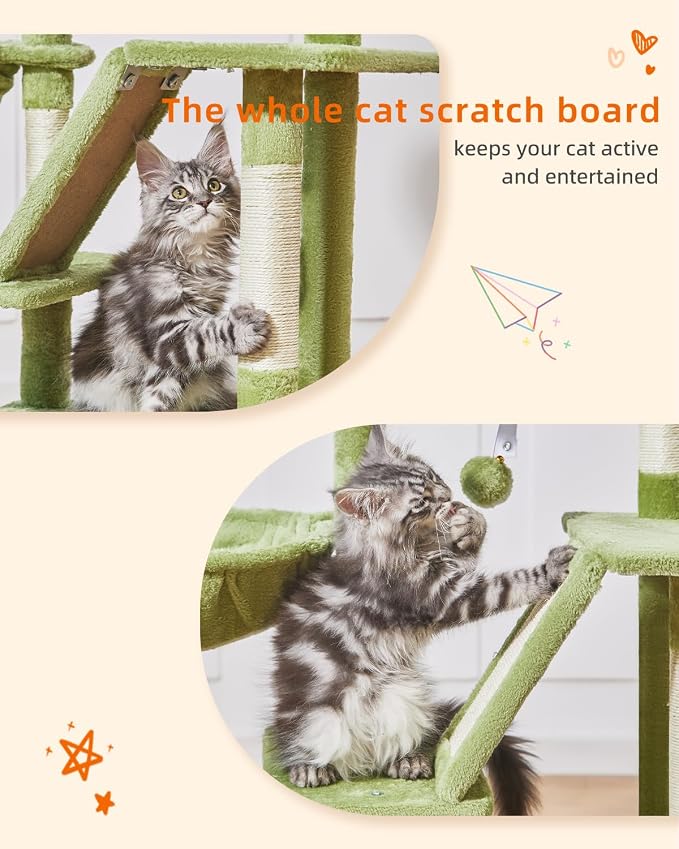 Taoqimiao Cat Tree, 38.5In Cat Tower for Indoor Cats, Suitable for Kittens | Thick Padded Top Perch, Luxurious Cat Condo, Adjustable Basket, 1-Piece Ramp Scratcher, 3 Sisal Posts, Green, MS029SGR