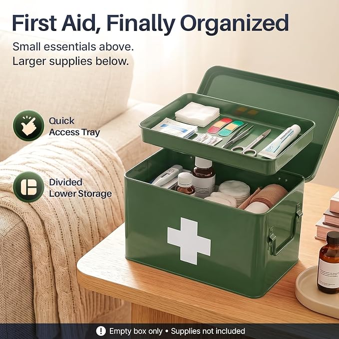 Flexzion Large Metal First Aid Box Empty, 13-Inch, Green with White Cross | Vintage Medicine Box and First Aid Storage Organizer with Removable Tray and Dividers; Empty Box Only, Supplies Not Included