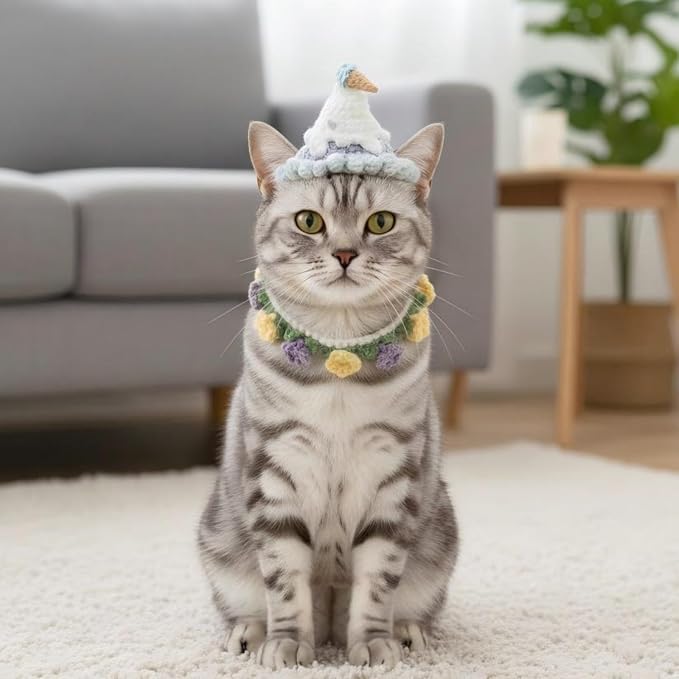 Dog Costume – Adjustable Birthday Dog Hat & Floral Wreath Scarf for Cats and Small to Medium Dogs, Cute Cat Costume for Party, Holiday, Daily Wear & Photos