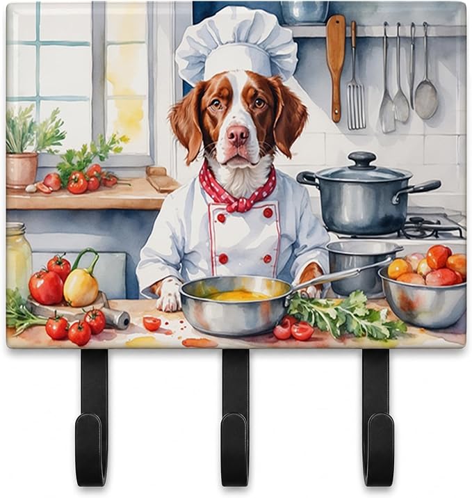 Caroline's Treasures Brittany Spaniel The Chef Leash or Key Holder Wall Hooks, Key Hooks Holder, Coat Rack Wall Mount, Coat Hooks, Hooks for Hanging Keys, Towels, Aprons, Leashes | Brittany Spaniel The Chef artwork on ceramic tile with three steel hook...
