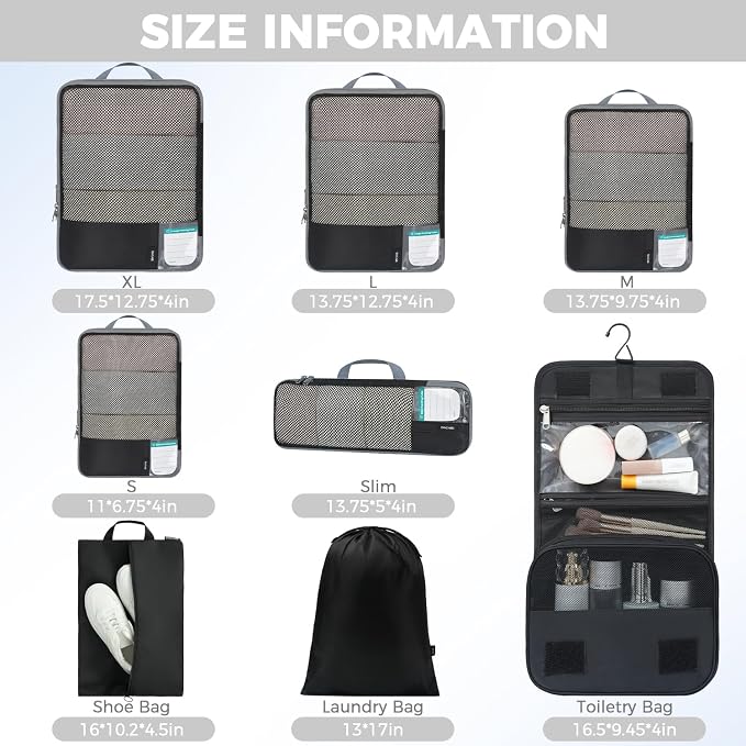 BAGAIL 4 Set/6 Set/8 Set Compression Packing Cubes Travel Accessories Expandable Packing Organizers (Half Mesh, 8-Jet Black)