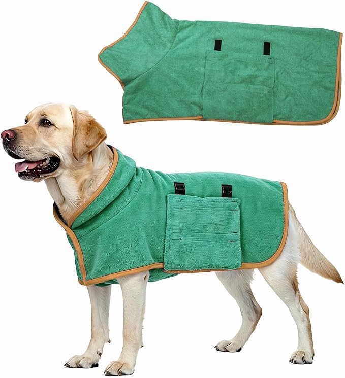 Dog Drying Coat, Dog Robes for After Bath Bathrobe Super Absorbent Towel Soft Adjustable, (L, Dark Green), Intended for Fast Drying Warm Keeping Pet Cats Kitten Puppies