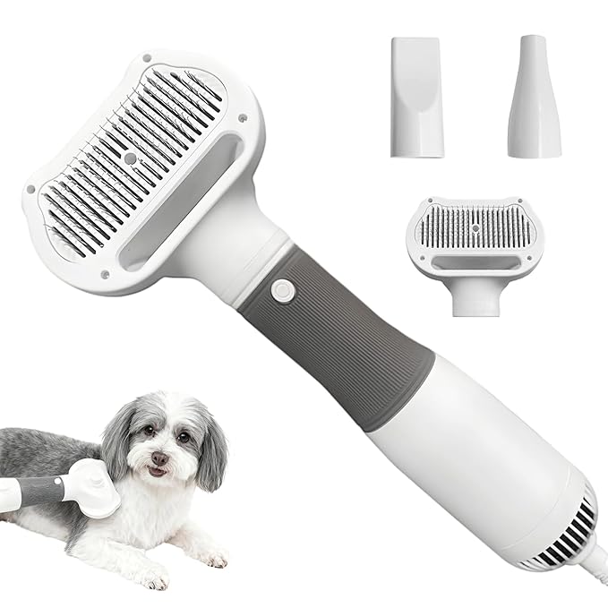 Dog Grooming Dryer with Slicker Brush, 3 in 1 Professional Portable Pet Dryer for Dogs Cats Adjustable Temperature Speed Settings, Pet Blow Brush for Home Travel Use (Gray)
