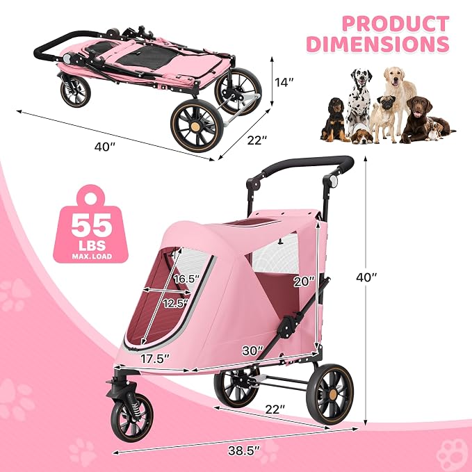 Magshion 3-Wheel Foldable Dog Jogger with Adjustable Handle, Pink | Pet Stroller for Medium Larges, All-Terrain Wheels, Dual Entry, Rear Storage, Breathable Mesh, Up to 55 lbs