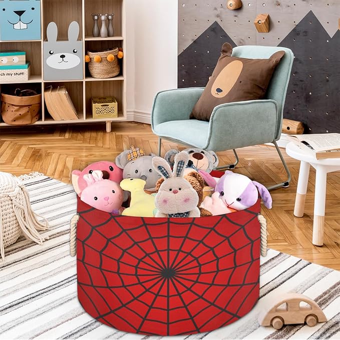 Red Spider Web Storage Baskets - Large Nursery Organizer Bin Box with Handles Collapsible Round Laundry Hamper for Kids Boy Toys Pet Blanket, Bedroom Living Room Home Decor Gift Basket (19.4"x13.3")