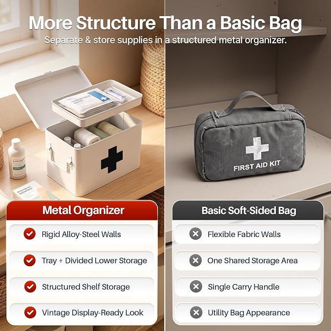 Flexzion Large Metal First Aid Box Empty, 8.5-Inch, White with Black Cross | Vintage Medicine Box and First Aid Storage Organizer with Removable Tray and Dividers; Empty Box Only, Supplies Not Included