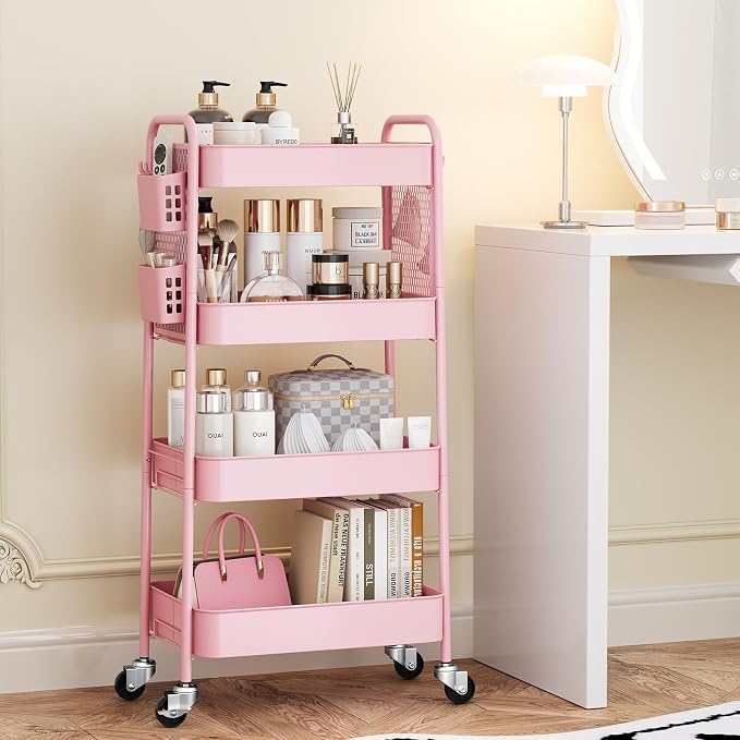 TOOLF 4 Tier Rolling Cart, Metal Utility Storage Cart with Pegboard, Pink | 2 Bins & 4 Hooks, Screwless Assembly, Lockable Wheels, Trolley Organizer for Bathroom, Kitchen, Office, Dorm, Craft Room