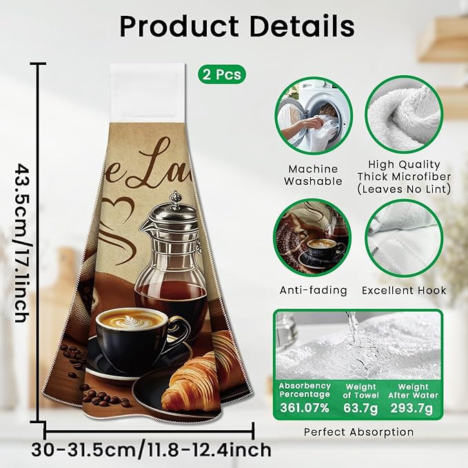 CUTHOLLOW Coffee Element Hanging Kitchen Towels with Loop, Set of 2 - Soft & Super Absorbent Microfiber Decorative Hanging Dish & Hand Towel, Tea, Coffee Towel for Kitchen Bathroom Oven Handle