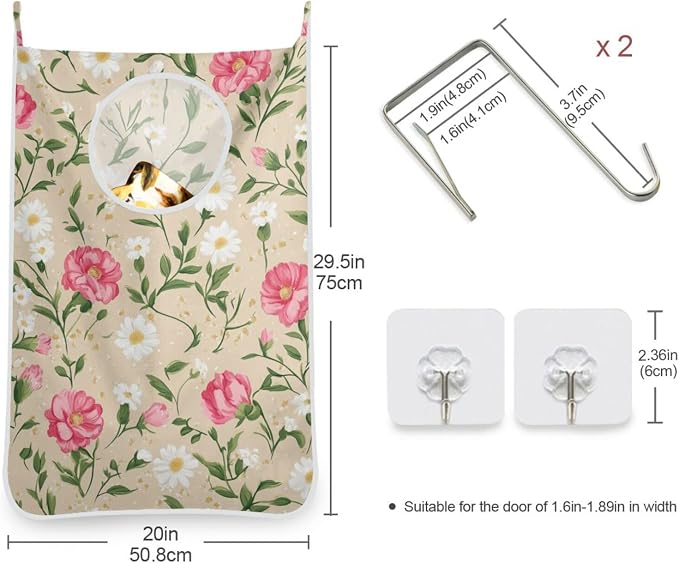 1PC Hanging Laundry Hamper Bag Over the Door Laundry Hamper Wall Hamper Large Dirty Clothes Hamper with Stainless Steel Hooks 29.5x20Inch Carnations Beige