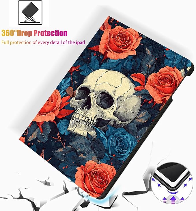 for Microsoft Surface Pro X/Pro X Plus-13 2019/2020/2021/2024 Tablet Case,Auto Wake/Sleep,Adjustable Stand Protective Cover - Skull Rose