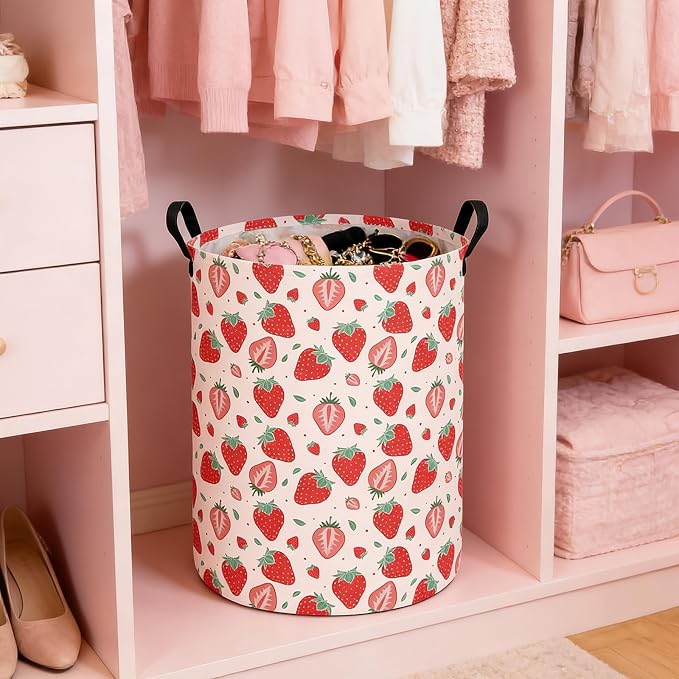 Strawberry Fabric Storage Bin Nursery Organizer Basket | Organizer Bin Dirty Clothes Collapsible Waterproof for College Dorms, Boys and Girls Bedroom,Bathroom