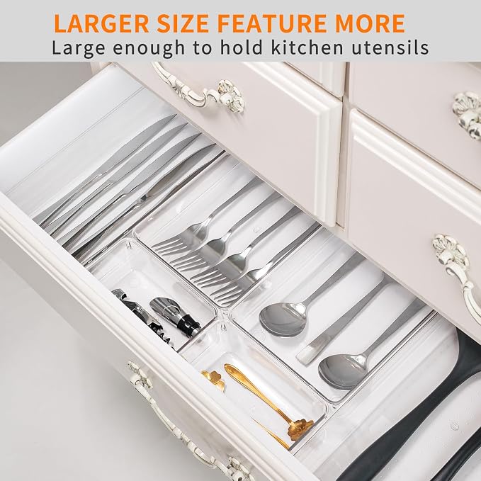 12 Pack Large Clear Plastic Drawer Organizer Trays | MULTI-USE Acrylic Drawer Storage for Kitchen, Bathroom, Makeup, Office, School, Undies | College Dorm Room, Home Apartment Essentials