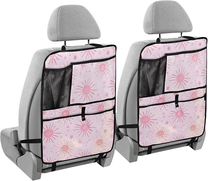 JIPONI Car Backseat Organizer, Pink Suns Automotive Back Seat Protector, Kick Mats with Storage Pockets for Kids Pets, Road Trip Accessories