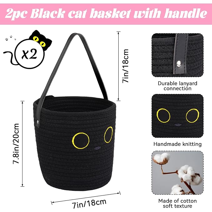 Cute Basket Black Cat Cotton Rope Basket (7.8"x7", 2PCS)