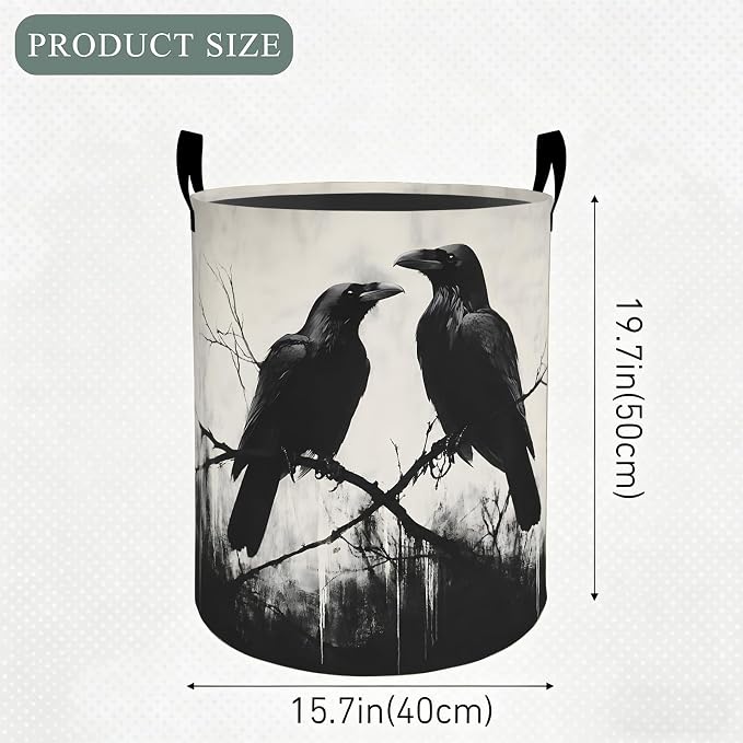 Gothic Raven Laundry Basket Hamper, Organizer Bins Gifts for Women Kids, Goth Dark Tree Crow Foldable Waterproof Clothes Hamper Handles Storage Bucket for Bedroom Bathroom Room Decor 19.7"x15.7"