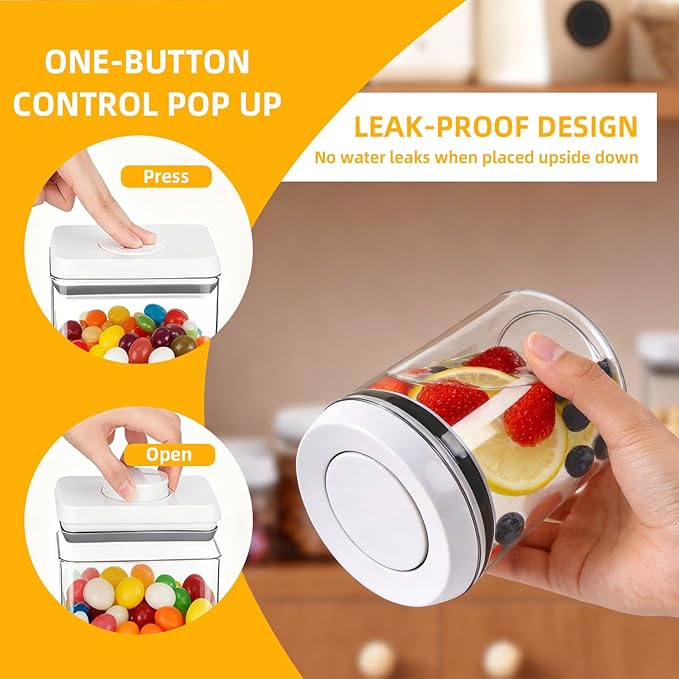 Pop Push Button Airtight Food Storage Containers 6 Set | 4 Sizes: 0.65/0.7/1.8/2.4Qt, BPA-Free Clear Canisters for Pantry, Pasta, Snacks, Coffee, Pet Food, Fridge