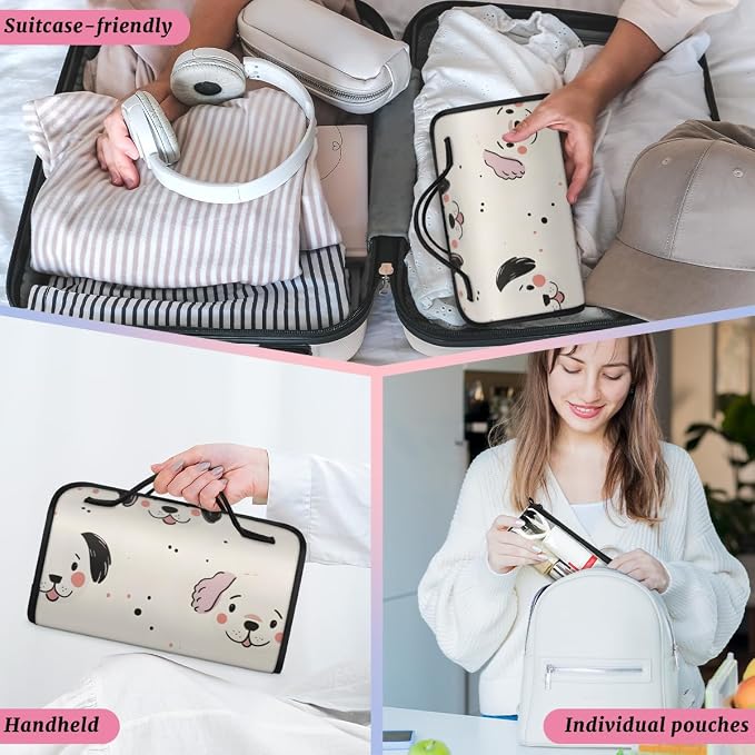 Puppy Dog Makeup Bag for Women Hanging Roll-Up Travel Organizer Toiletry Kit with 4 Removable Compartments, Cute