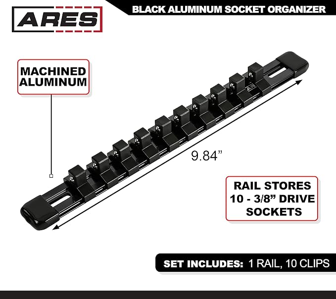 ARES 70149 3/8-In Black Socket Rail | Part No. 70149; Store up to 10 Sockets and Keep Your Tool Box Organized