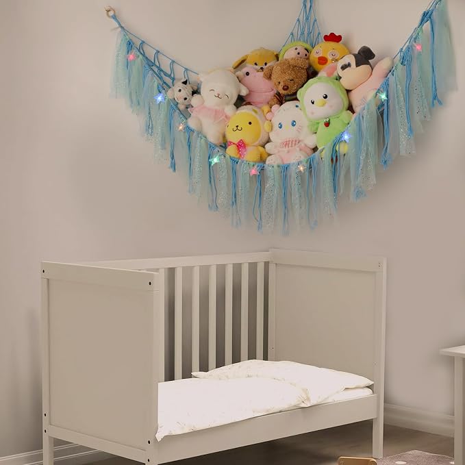 Stuffed Animal Hammock with LED Lights - 59 Inch Large Toy Storage Net for Kids Bedroom, Wall-Mounted Plush Organizer with Wooden Rings, Nursery Decor (Handwoven, Blue)