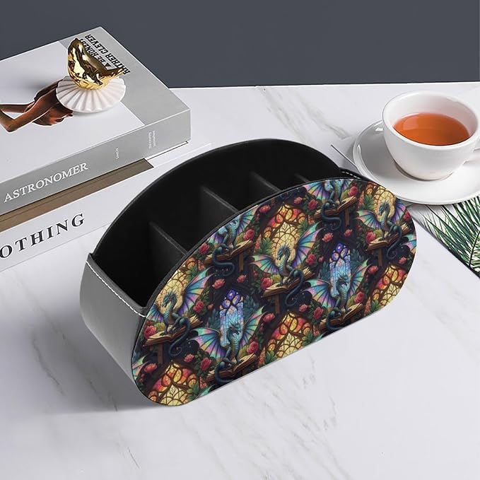 Remote Control Holder for Table Dragon Reading Book Desktop Storage Box | Makeup Brush Caddy with 5 Compartments, Dragon Reading Book Bedside Table Organizer Office Supplies