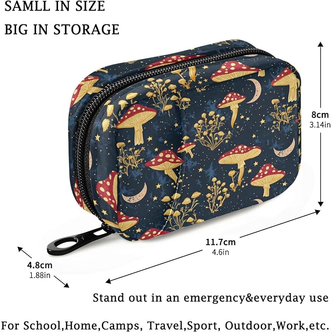 Fustylead Mystical Aesthetic Mushrooms Moon Stars Pill Organizers 2 Times A Day Pill Case Bag with Zipper Portable Weekly Pill Dispensers for Vitamin Supplement