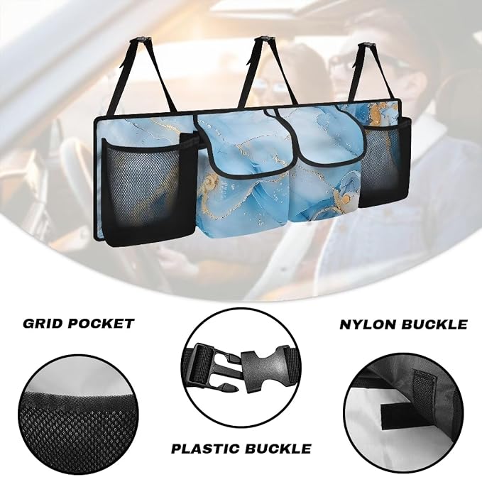 Dreaweet Blue Marble Print Car Trunk Organizer for Sedan Collapsible Car Organizers and Storage with 4 Pockets Hanging Back Seat Organizer Car Storage Accessories Interior for Women Men