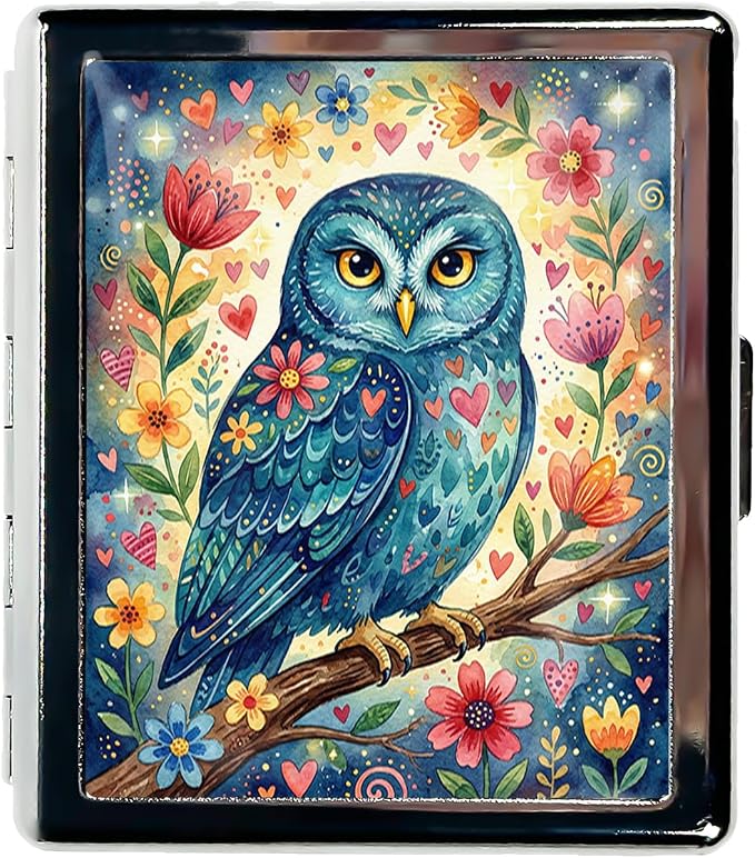 Weekly Pill Organizer, Metal Pill Box with 8 Compartments, Small Travel Pill Case for Purse Pocket, Medicine Vitamin Supplement Organizer (Floral Owl)