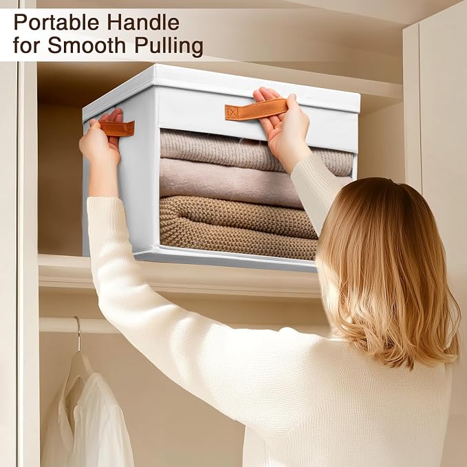 Large Storage Bins with Lids - 4 Pack Foldable Decorative Organizers with Clear Windows & Handles, Cube Storage Organizers for Clothes, Blankets, Sweaters, CD, White