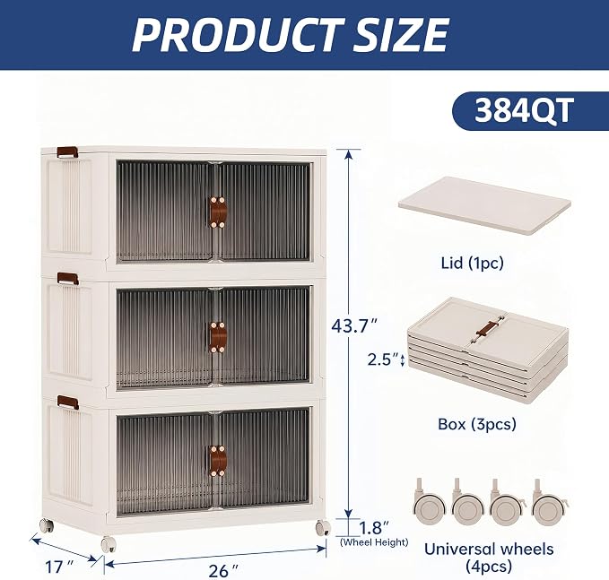 SAILUN 348Qt Stackable Storage Bins,Storage Cabinet a Lid,3Pack Blush White